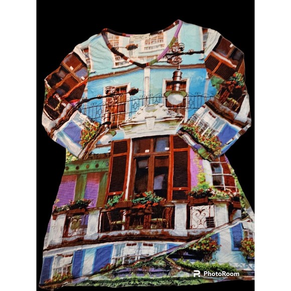 Orientique Naturally Art Deco Tunic Blouse Shirt Top Popover Scenery Womens M - Picture 4 of 12